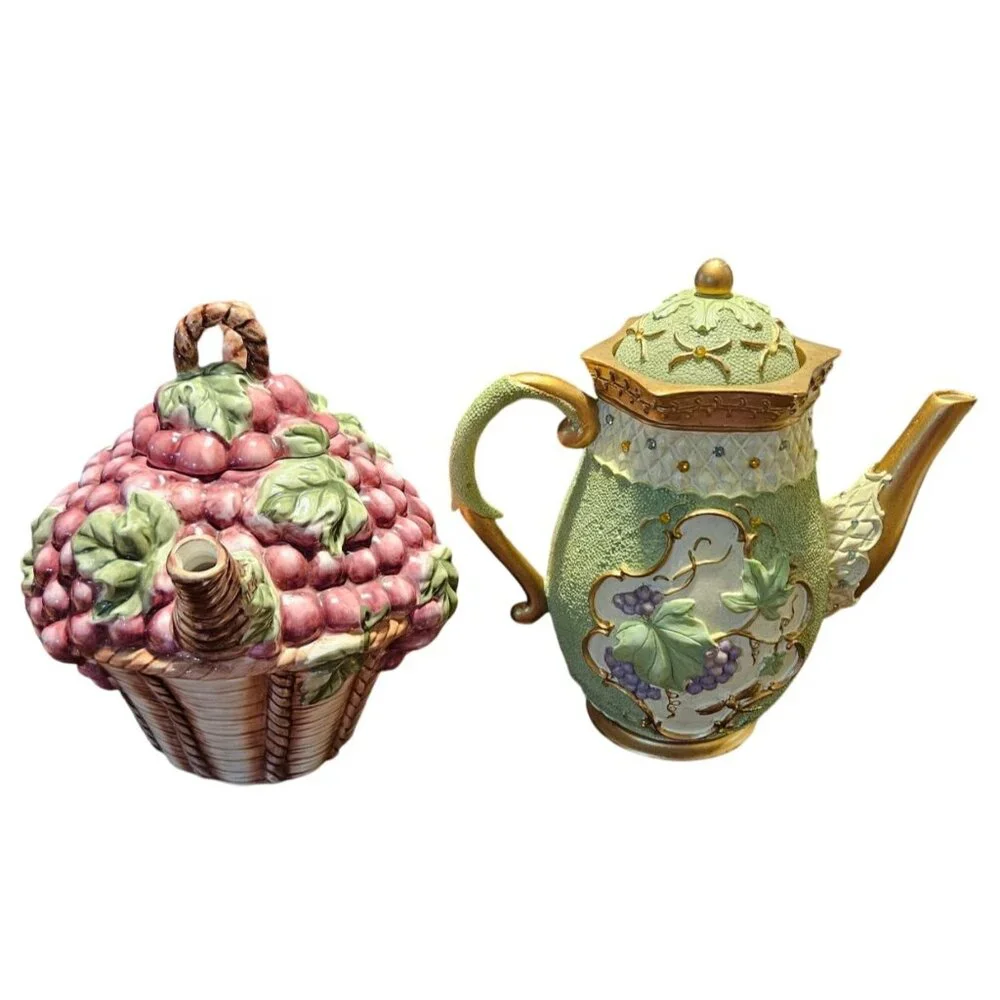 Tea Pot‎ Kitchen Creations Ceramic Grapes Basket & Green Teapot Candle Holder